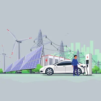 image with electric vehicle, solar panels and wind turbines