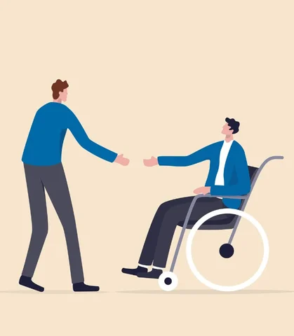 illustration a standing person greets a person in a wheelchair